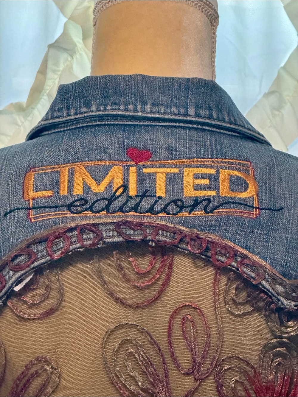 Upcycle Jean Jacket with ribbon flowers and embroidered back yoke - Picture 3 of 9